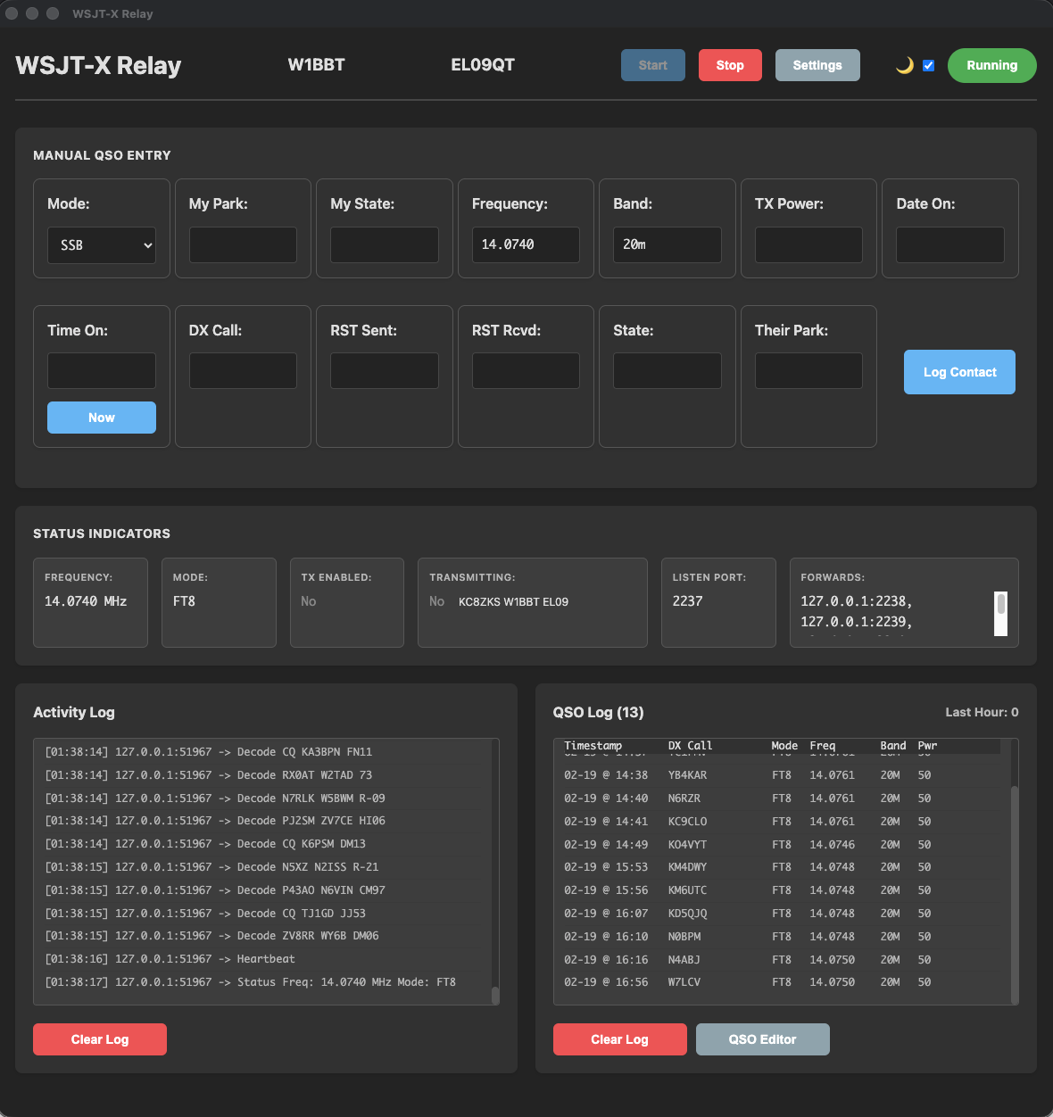 WSJT-X Relay main window while running
